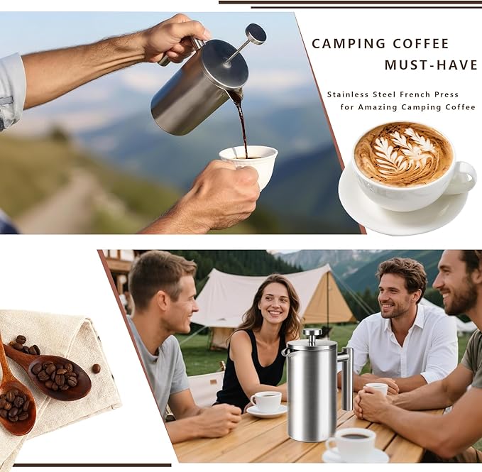 French Press 34 oz, Full Stainless Steel French Press Coffee Maker 4 Cups, Upgrated Double-Walled Insulated French Coffee Presses, Food Grade Good for Kitchen Camping, Dishwasher Safe 2 More Filters
