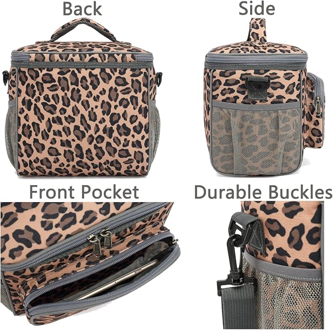 FlowFly Insulated Reusable Lunch Bag Adult Large Lunch Box for Women and Men with Adjustable Shoulder Strap,Front Zipper Pocket and Dual Large Mesh Side Pockets,Leopard