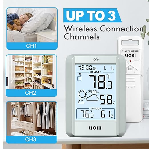 Indoor Outdoor Thermometer Wireless Weather Station Inside Outside Thermometers Hygrometer Monitor,with 330ft Range Remote Sensor, Battery Powered Backlight Display