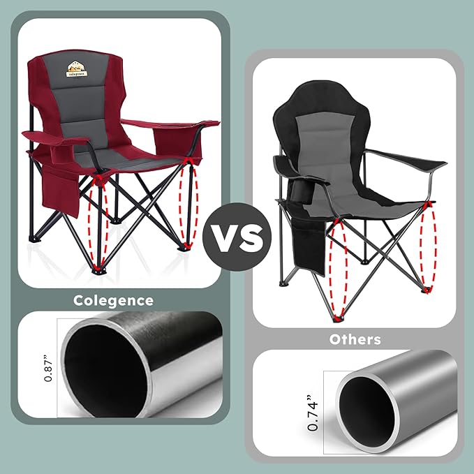Oversized Folding Camping Chairs - 450 LBS Support Heavy Duty Camp Chair with Padded Cushion, Portable Outside Chairs with Carry Bag，Cooler, Cup Holder for Outdoor, Lawn, Sports - Red