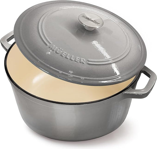MÜELLERHOME 4.5 QT Enameled Cast Iron Dutch Oven, Heavy-Duty Casserole Dish and Braiser Pan with Lid and Stainless Knob, Oven-Safe up to 500° F & Across All Cooktops, Grey
