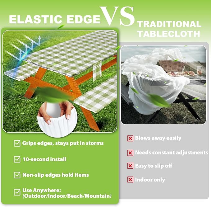 Picnic Table Cover with Bench Covers Vinyl Elastic Edges Fitted Rectangle Seat Tables Waterproof 3-Piece96X30in Set Outdoor Rectangular Folding Backing Tablecloth for Camping Over SizeTie-Dye 112