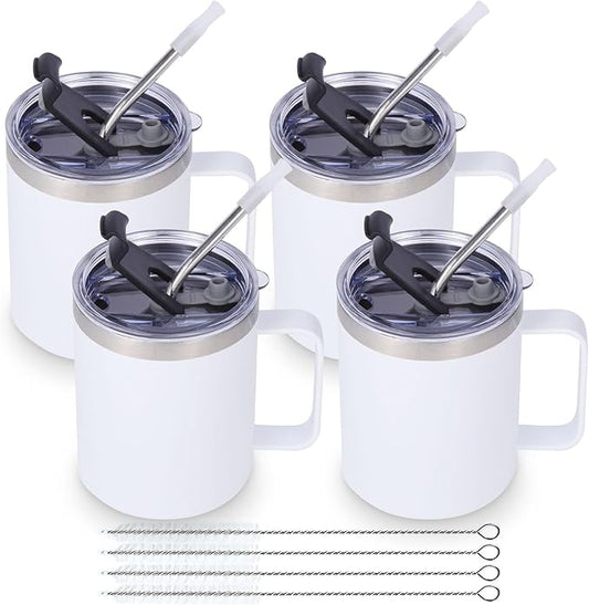 Volhoply 12oz Insulated Leakproof Coffee Mug with Flip & Straw Lid Bulk 4 Pack,Not Suitable for Sublimation,Double Wall Vacuum Stainless Steel Travel Tumbler Cup with Handle(White,4 Set)