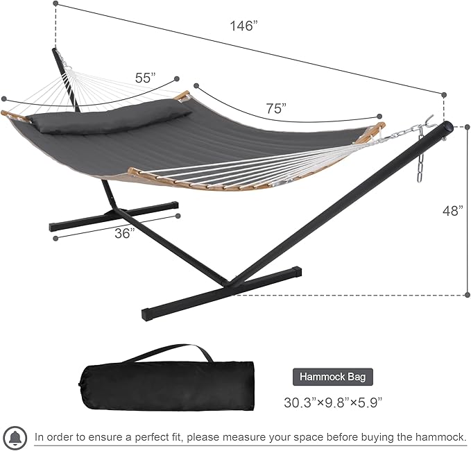 55in Hammock with Stand, Heavy Duty Hammock with Stand Included, Two Person Hammock with Curved Spreader Bar, Pillow and Portable Bag, 450 Lbs Capacity, Dark Gray