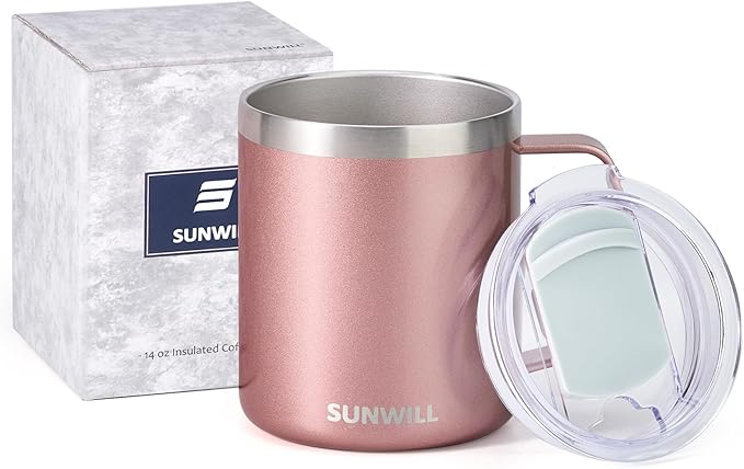 SUNWILL Travel Coffee Mug with Lid, Insulated Tumbler with Handle, 14 oz Stainless Steel Cup for Ice, Water, Tea, Rose Gold
