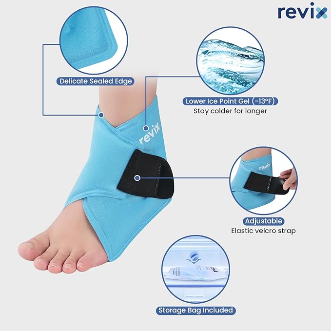 REVIX Ankle Ice Pack Wrap – Reusable Gel Cold Compression for Foot Discomfort, Ice Wrap for Feet Swelling and Recovery, Plantar Fasciitis, Achilles Tendonitis, and Sprained Ankles, 2 Packs