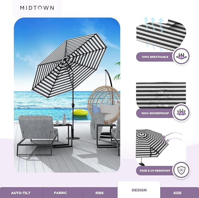 Midtown Umbrellas 10-Year-No-Fade - 8 Ft - UV Proof Black/White Stripes Fabric - Umbrella Outdoor Patio, Auto-Tilt Aluminum Frame Patio Umbrella for Garden, Pool & Deck - Black Pole