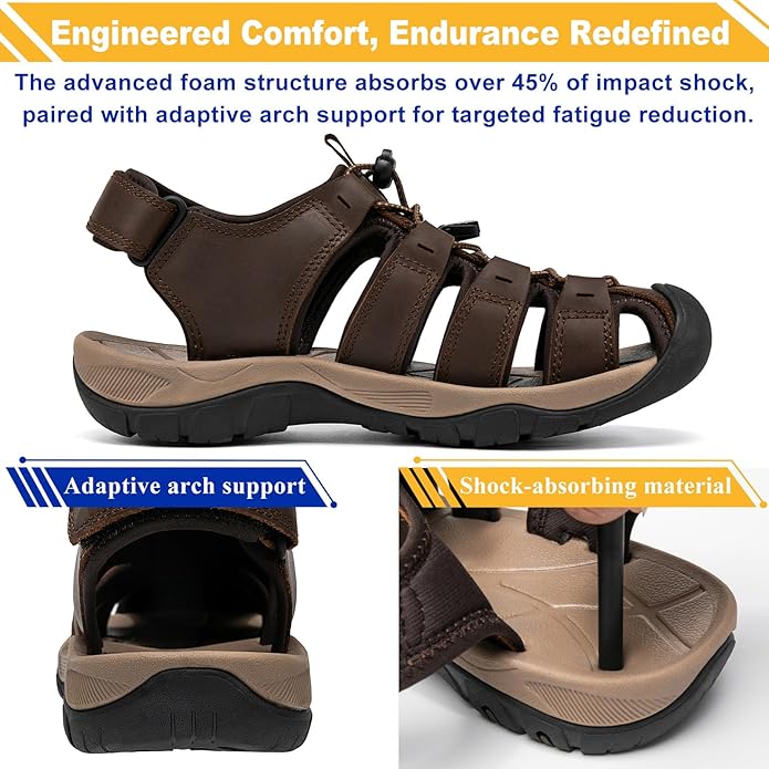 Men's Sport Sandals Closed Toe Leather Hiking Athletic Walking Outdoor Beach Trail River Fishing Water Shoes Lightweight Comfortable Waterproof