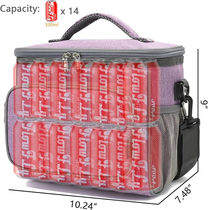 FlowFly Insulated Reusable Lunch Bag Adult Large Lunch Box for Women and Men with Adjustable Shoulder Strap,Front Zipper Pocket and Dual Large Mesh Side Pockets,Purple