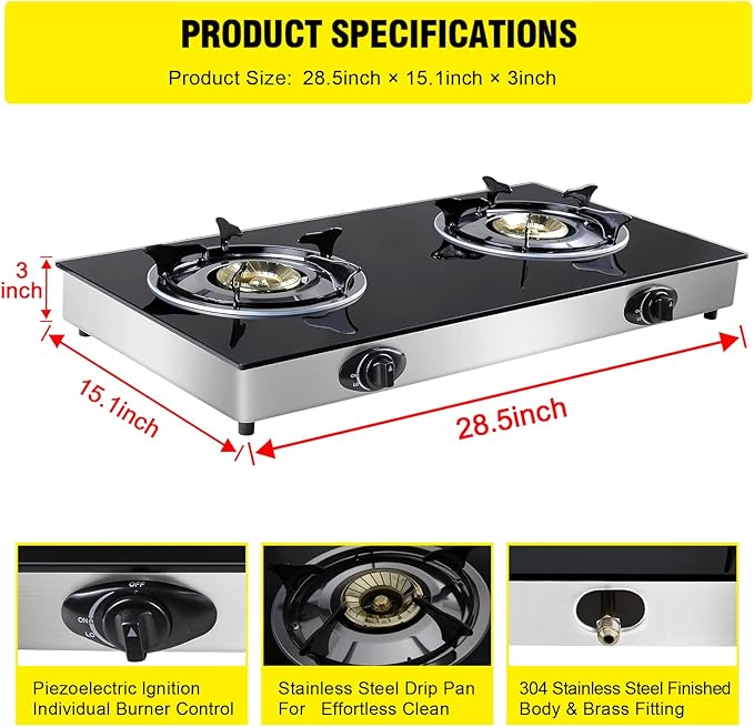 forimo Propane Gas Cooktop 2 Burners Gas Stove portable gas stove Tempered Glass Double Burners Stove Auto Ignition Camping Double Burner LPG for RV,Apartments,Outdoor