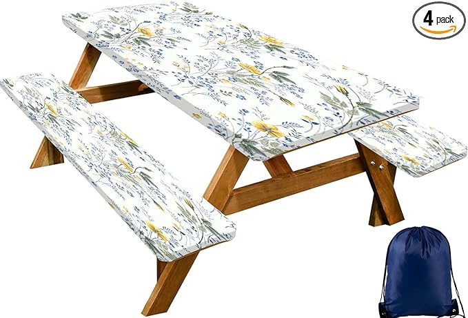 CAPSCEOLL Elastic Picnic Table Cover with Bench Covers 5Ft Waterproof Fitted Picnic Table Cover Cloths for Outdoors Camping Tablecloth with Drawstring Bag, 60X30in, Blue Yellow Flowers