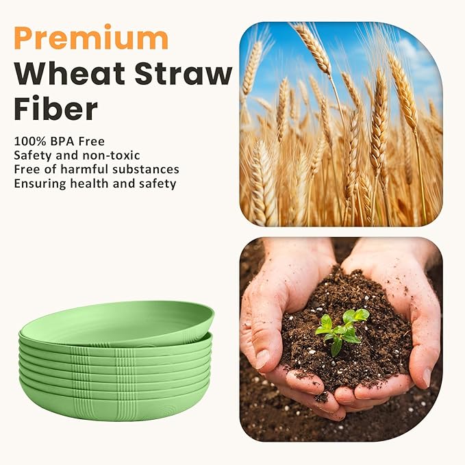 Homienly Wheat Straw Plates Set, 10 inch Deep Dinner Plates, Unbreakable Plates for Kitchen, Camping, 8 PCS Lightweight Round Plates, Microwave and Dishwasher Safe Plate Set - Light Green