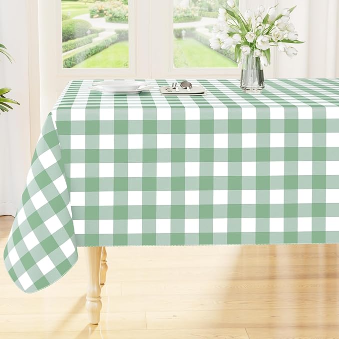 Smiry Rectangle Table Cloth, Waterproof Vinyl Tablecloths with Flannel Backing, Wipeable Buffalo Plaid Table Cover for Indoor and Outdoor (Sage Green & White, 60"x84")