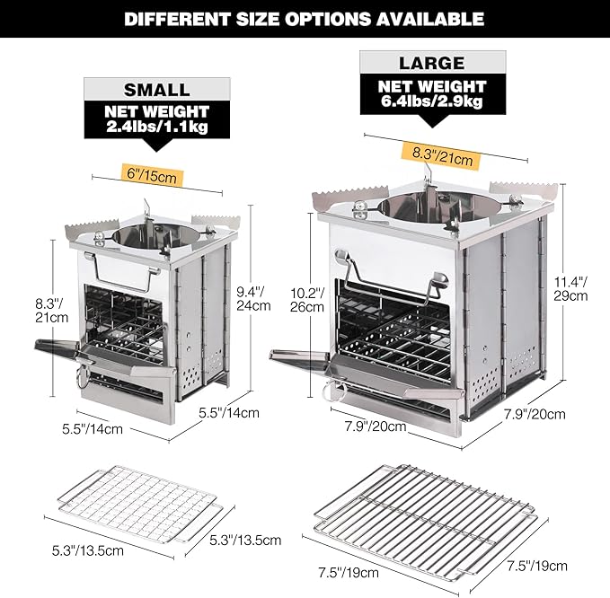 Portable Camping Wood Stove for Cooking, Folding Lightweight Stainless Steel Wood Stove with Grid and Pot Stand for Outdoor Camping Hiking Backpacking BBQ Picnic, Small