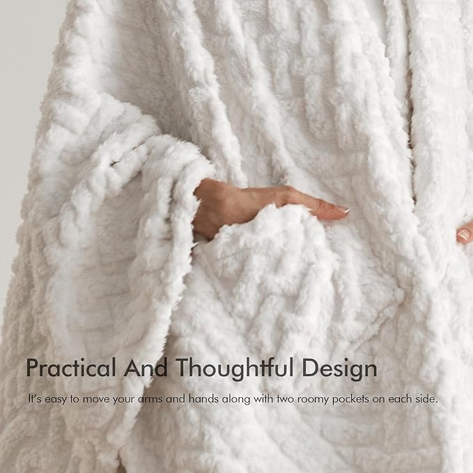 Royoliving Fuzzy Sherpa Wearable Fleece Blanket with Pockets for Adults, Ultra Soft Plush Shawl Throw Blankets (White, 58'' x 64'')