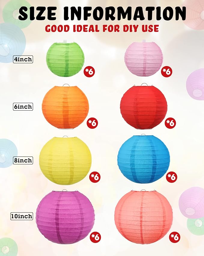 Treela 48 Pcs Colorful Paper Lanterns Multicolor Hanging Lanterns Chinese Round Paper Lanterns 4/6/8/10 Inch Asian Hanging Lamps Decorative for Birthday Party Supplies(Multicolor)
