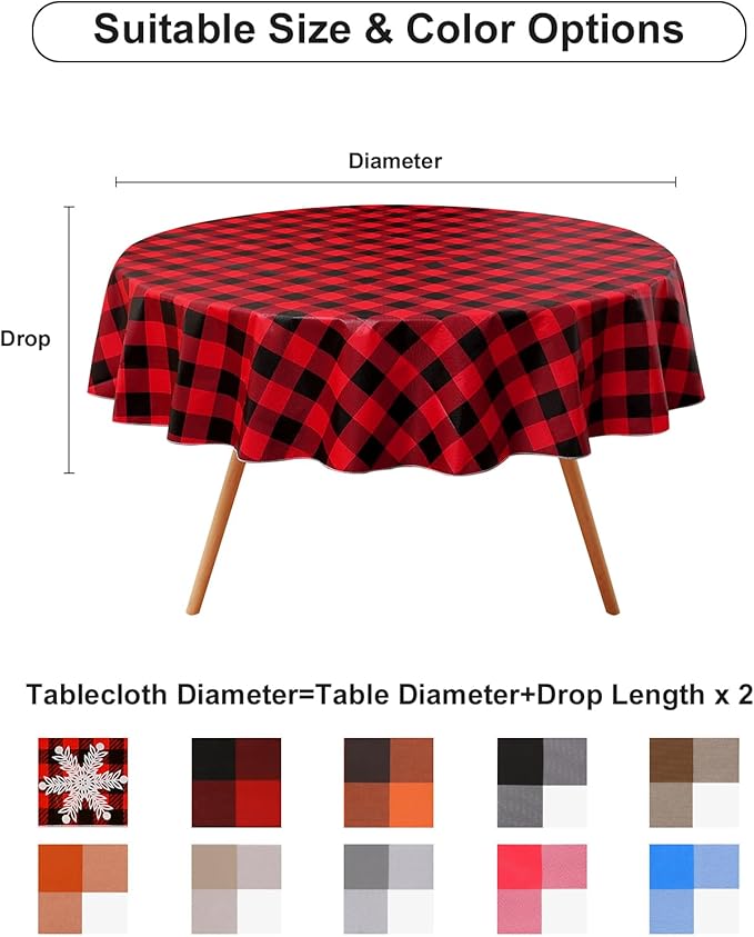 misaya Round Waterproof Vinyl Table Cloth, Buffalo Flannel Backed Tablecloth, Wipeable Plastic Table Cover for Dinner, Kitchen, Picnic (60", Red and Black)