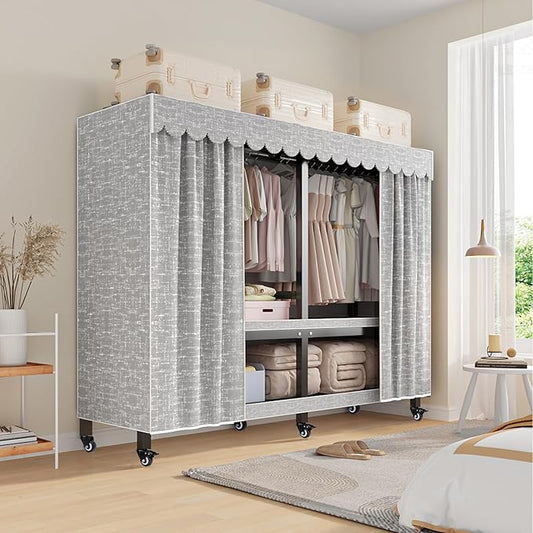 FPIGSHS Heavy Duty Clothes Rack with Zipper Cover 2000LBS Foldable Portable Wardrobe Closet for Hanging Clothing Rolling Garment Rack on Wheels for Bedroom Closet System (E(Gray Cover, 71in)