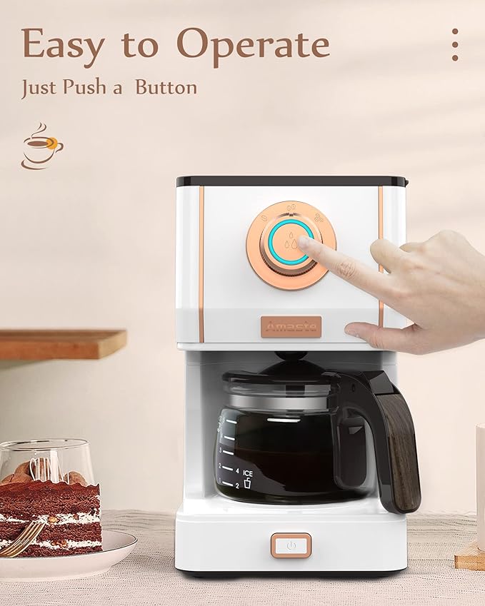 Amaste Retro Style Coffee Machine with 25 Oz Glass Coffee Pot, Reusable Coffee Filter & Three Brewing Modes, 30minute-warm-keeping, Elegant White with Rose Gold