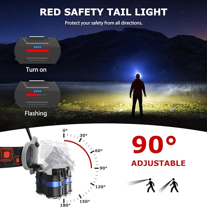 Rechargeable Headlamp, High Lumen Bright 8 LED Head Lamp with Red White Light, IPX4 Waterproof Headlight,8 Mode Head Flashlight for Outdoor Running Hunting Fishing Hiking Camping Gear