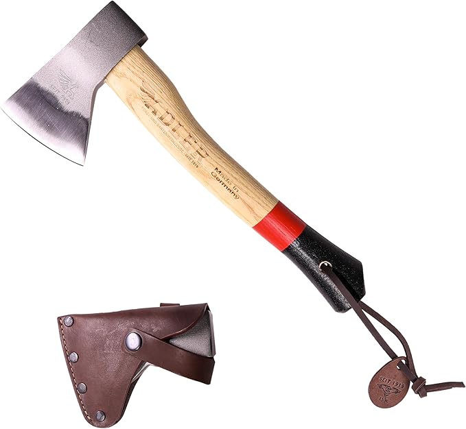 The Scout Hatchet - Compact German Made Camping & Backpacking Hatchet, 11.8" Ash Handle with Anti-Slip Grip, 0.88 lb Lightweight Design, Premium Leather Sheath (Red Stripe)