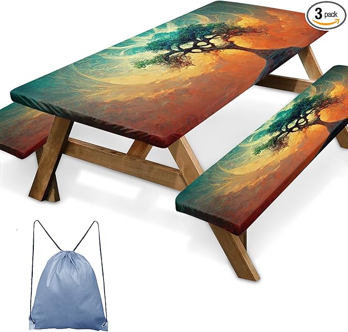 Picnic Table Cover with Bench Covers Elastic Edges, Tree Camper Fitted Table Cover, Outdoor Patio Camping Essentials 72 Inch 3PCS, Waterproof Camping Fitted Tablecloth with Drawstring Bag
