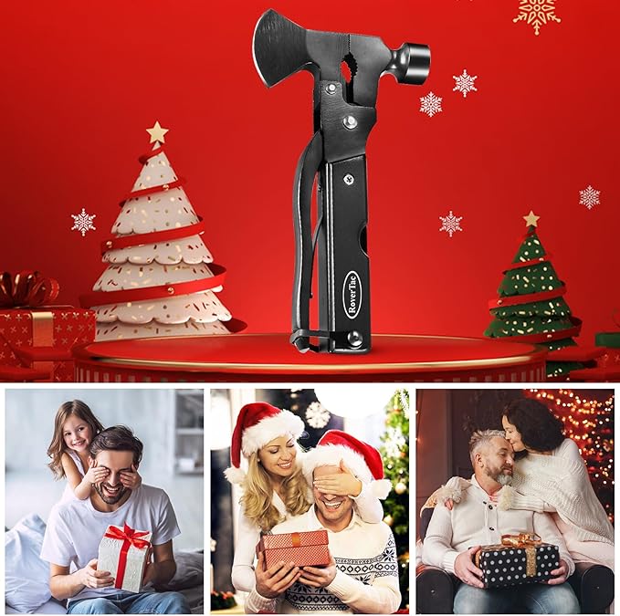 RoverTac 14-in-1 Multitool Camping Axe – Multi Tool with Knife, Hammer, Saw, Screwdrivers, Bottle Opener – Camping Tool with Sheath – Tool Gifts for Men, Dad, Husband, and Outdoor Enthusiasts.