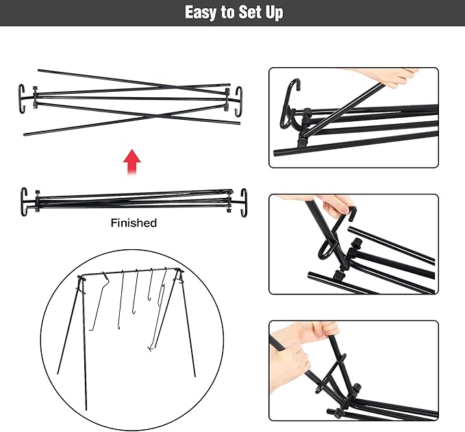 Lineslife Grill Swing Campfire Cooking Stand with Adjusatble Stainless Steel Grill Grate, Collapsible BBQ Grill with Hooks and Accessories for Outdoor Camping Cookware & Dutch Oven