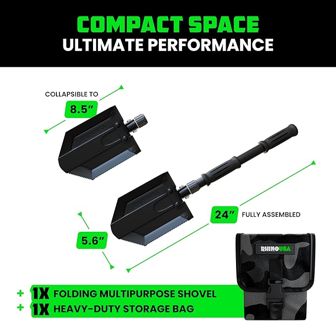 Rhino USA Survival Shovel w/Pick - Heavy Duty Carbon Steel Military Style Entrenching Tool for Off Road, Camping, Gardening, Beach, Digging Dirt, Sand, Mud & Snow. (Recovery Shovel)