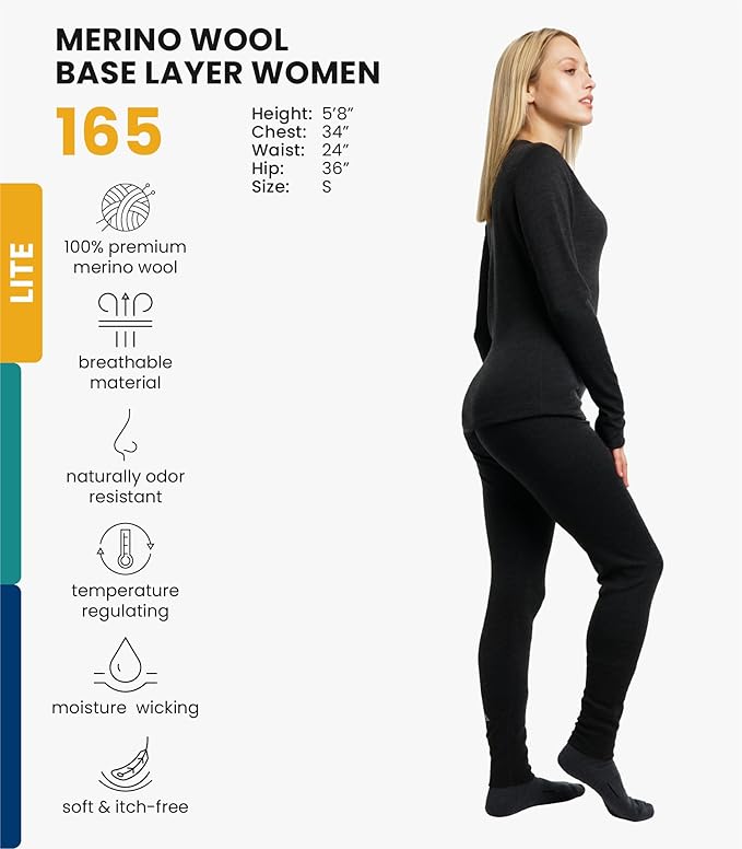 Merino.tech Merino Wool Base Layer Women Set - Heavyweight, Lite, Midweight Merino Thermal Underwear For Women Top, Bottom