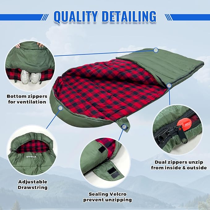 0 Degree Sleeping Bag Cotton Flannel Winter Cold Weather for Adults XXL Sleeping Bag 4 Season Big and Tall with Pillow Compression Sack