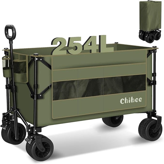 Chihee Garden Cart Collapsible Outdoor Utility Wagon Cart,Folding Beach Cart Oversized Capacity 254L,Heavy Duty Portable Wagon All Terrain Wheels Oversized Side Pocket 2 Drink Holders for Camping