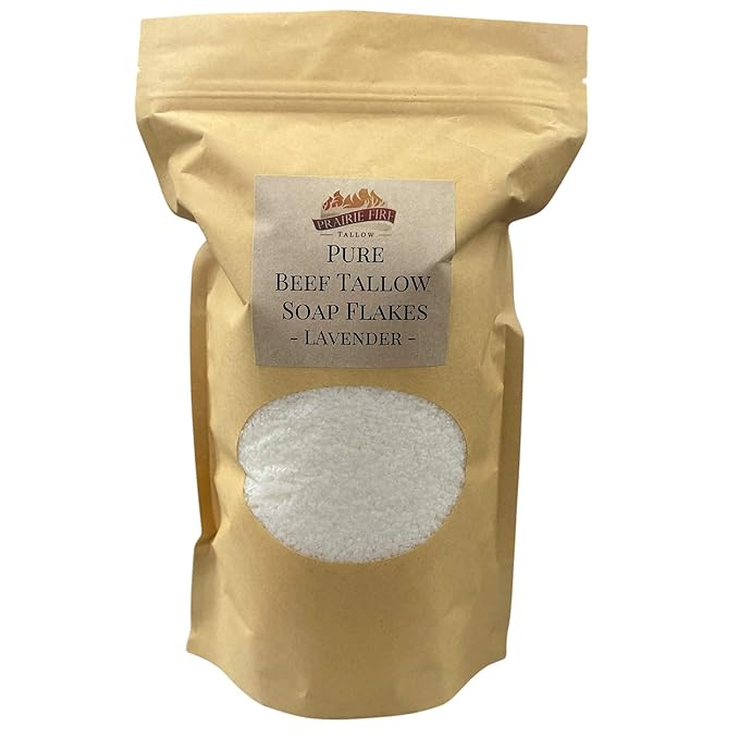 Pure Beef Tallow Soap Flakes - Made in USA - Grass Fed and Finished - Face, Body and Hair - Cleans, Moisturizes, Soothes, and Hydrates. Natural and Organic Lavender