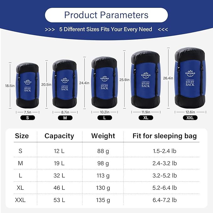 Compression Sack, 12L/19L/32L/46L/53L Water-Resistant Sleeping Bag Stuff Sack,Anti-Tear Ultra Light 400T 20D Nylon Storage Bag,Space Saving Gear for Camping Hiking Travel 1Pcs