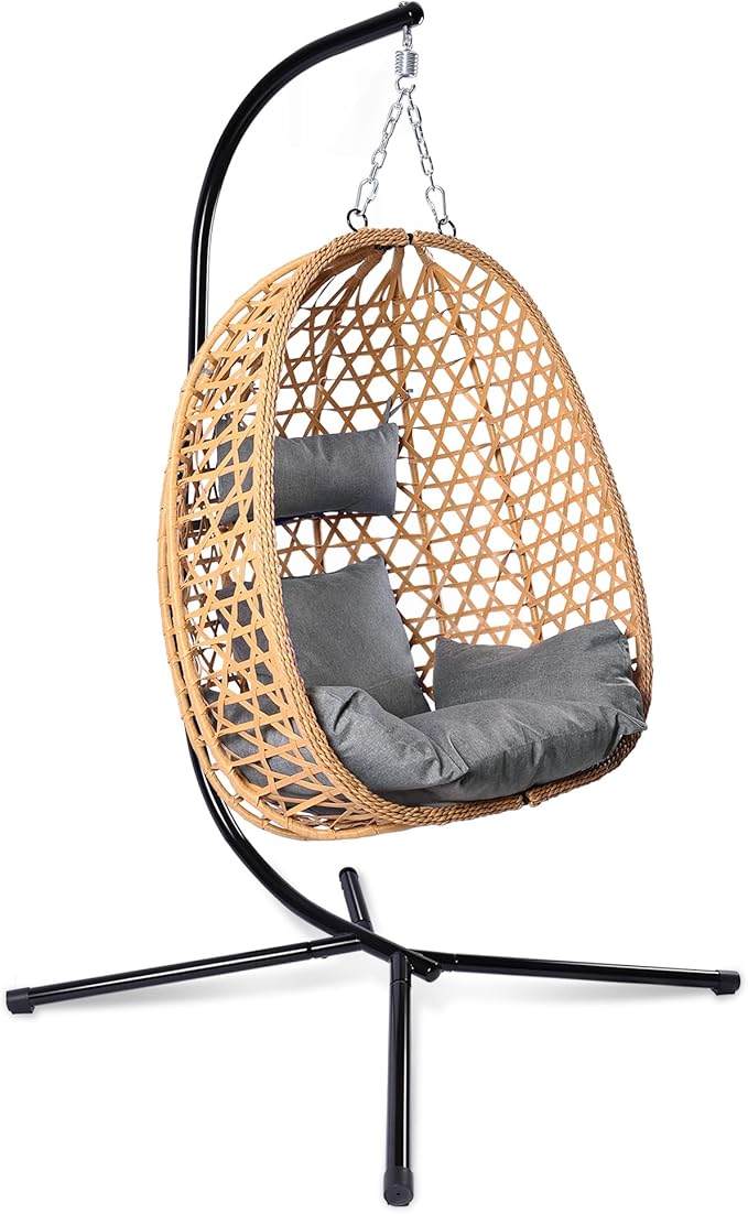 Egg Chair with Stand, Patio Wicker Hanging Chair, Hammock Swing Chair, 350LBS Capacity for Bedroom, Balcony, Garden (YE-GR)
