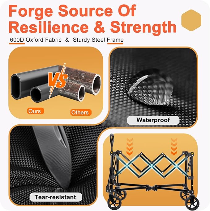 Collapsible Wagon Cart with Wheels, Heavy Duty Foldable Wagon Cart with 230lbs Weight Capacity, Utility Beach Wagons Portable for Outdoor, Grocery, Camping, Shopping, Black