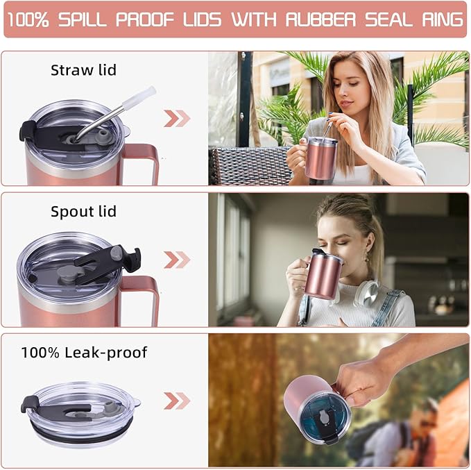 Volhoply 12oz Insulated Leakproof Coffee Mug with Flip & Straw Lid Bulk 2 Pack,Double Wall Vacuum Stainless Steel Travel Tumbler Cup with Handle,Reusable Camping Mugs Keep Cold/Hot(Rose Gold,2 Set)