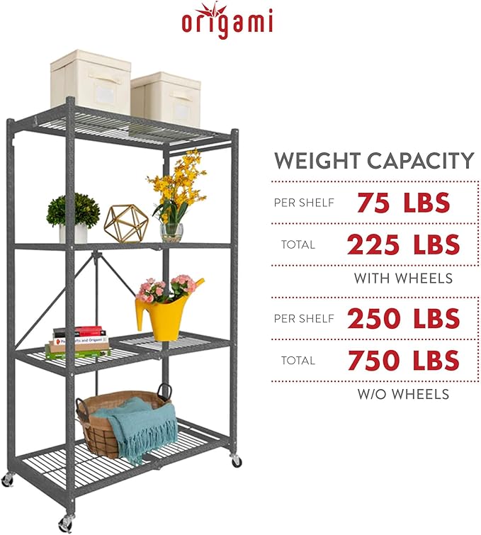 Origami 3-Pack R5 Storage Rack, 4-Tier Heavy-Duty Foldable Steel Shelf with Wheels, Gray
