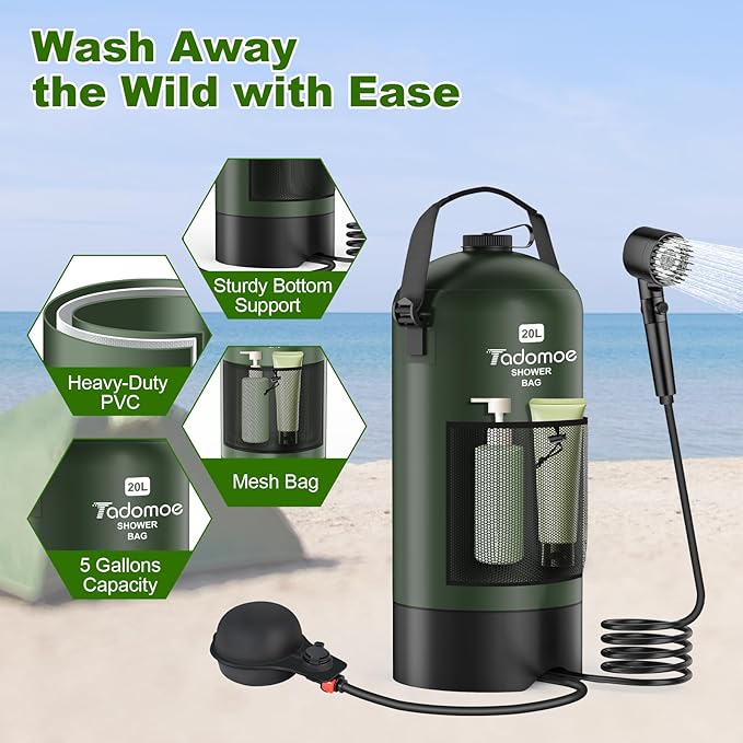 Portable Shower for Camping, 5 Gal/20 L Solar Heating Camping Shower Bag with Shower Pump, Portable Shower Head, Essential for Camping,Festivals, Overlanding, Beach Trips,Outdoor Showers