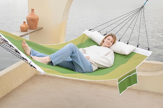 14ft Two Person Outdoor Hammock, Portable Camping with Folding Steel Spreader Bar, Carrying Bag, Carabiners, Tree Straps, Pillows, Quick Dry Textilene Fabric, 550 lbs Capacity (Jungle Green)