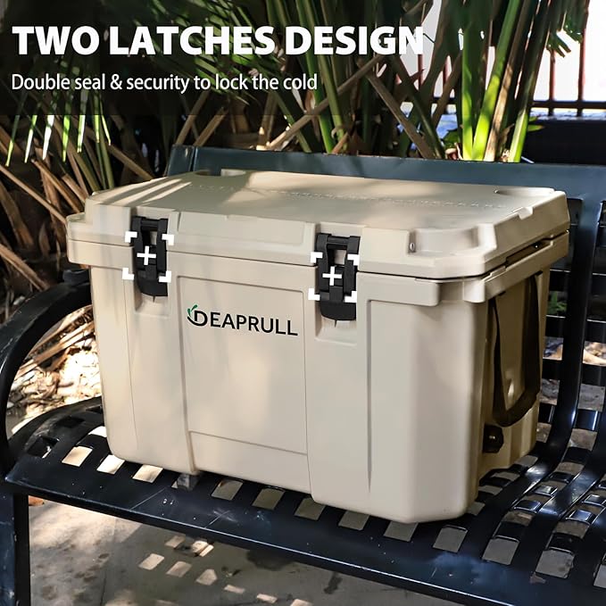 Hard Cooler, Insulated Ice Chest Box Holds Ice for More Days, Portable Cooler with Handle, Cup Holders, Double Latches for Camping Drink, Beach, Picnic, Fishing, Boat, Barbecue