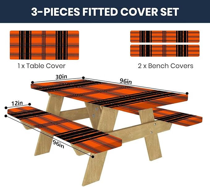 CAPSCEOLL Fitted Picnic Table Cover with Bench Covers with Elastic 8Ft Waterproof Picnic Table Cloths Windproof Outdoor Camping Tablecloth with Drawstring Bag, 96X30in, Orange Plaid