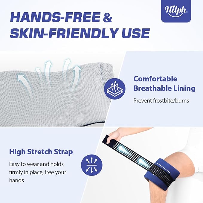 Hilph Ice Pack for Injuries Reusable, 6 Pack Hot and Cold Gel Ice Packs with Adjustable Wrap for Pain Relief, Sports Injury, Swelling, Bruises and Post Surgery Recovery, Ideal for Knee, Back, Ankle