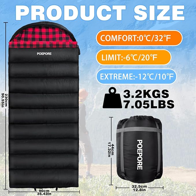 Flannel Sleeping Bag Cotton 0 Degree Cold Weather for Adults XXL Sleeping Bag 4 Season Big and Tall with Compression Sack