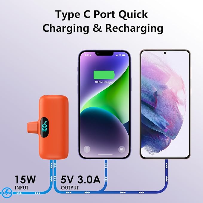 Small Portable Charger for iPhone, Upgraded 5000mAh PD Fast Charging Power Bank, Mini Plug-in Battery Pack Backup Charger Compatible with iPhone 14/14 Pro Max/13/13 Pro/12 Pro/11/XS/XR/X/8/7/6-Orange