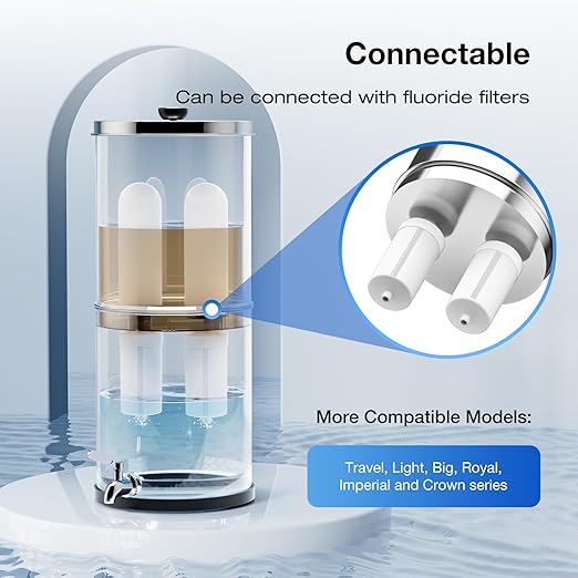 Purewell 2.25G Gravity Water Filter System with Water Level Window, 3-Stage Stainless Steel Countertop System with 2 Washable Ceramic Filters and Stand, Reduce up to 99% Chlorine, PW-KST