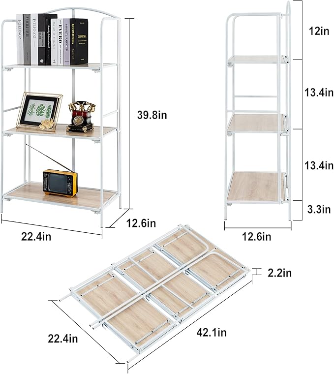 Crofy No Assembly Folding Bookshelf for Living Room, 3 Tier White Collapsible Book Shelf for Home Office, Portable Bookcase Storage Organizer