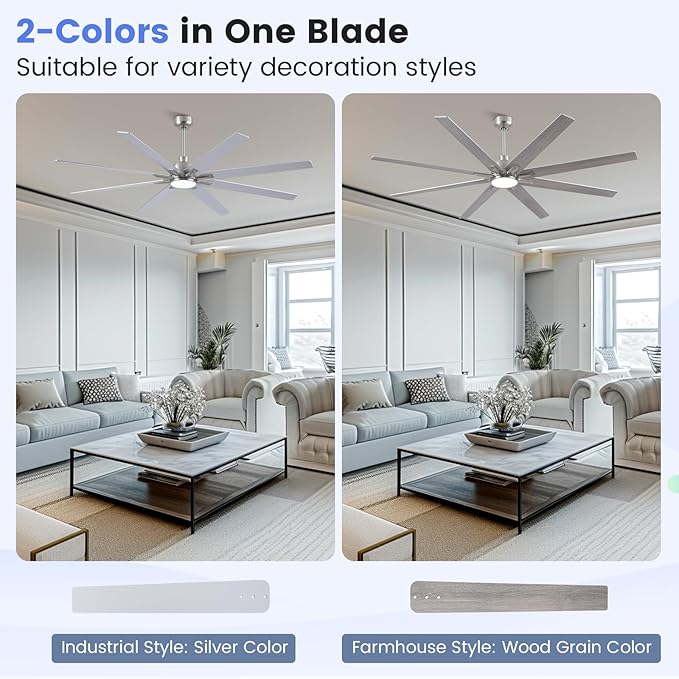 72 inch Large Ceiling Fans with Lights and Remote, Indoor/Outdoor Brushed Nickel Ceiling Fan for Living Room Patio, 6 Speeds Slient Reversible DC Motor, 3CCT, Timer, 3 Downrods, 8 Blades