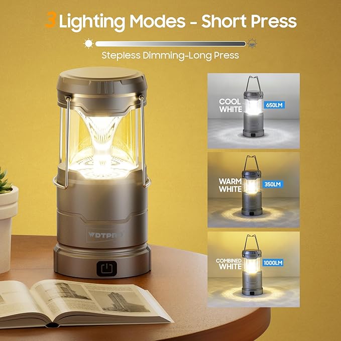 2 Pack Camping Lantern Rechargeable Collapsible, 65 LED 3 Light Modes Camping Lights, Stepless Dimming, Waterproof Portable Lanterns for Camping Power Outages Tent Emegency Home Hiking