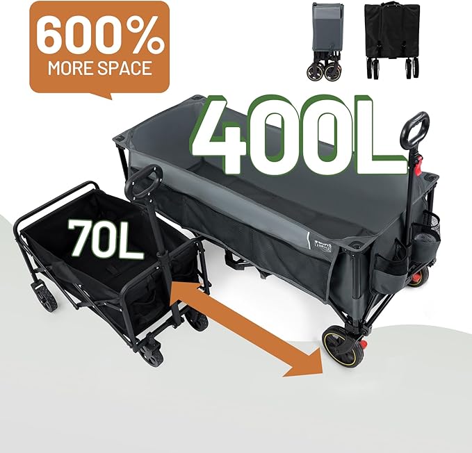 TIMBER RIDGE 51.2'' Extended Collapsible Wagon Cart with Brakes and Cargo Net, 350LBS Heavy Duty Foldable Utility Wagon with Adjustable Handle, 400L Capacity Portable Cart for Camping Sports Shopping